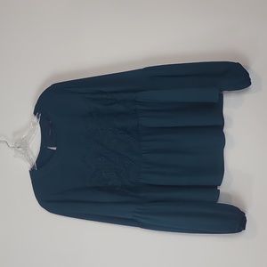 HALOGEN Emerald Green Lace Detail Empire Waist Peplum Hem Long Sleeve Blouse